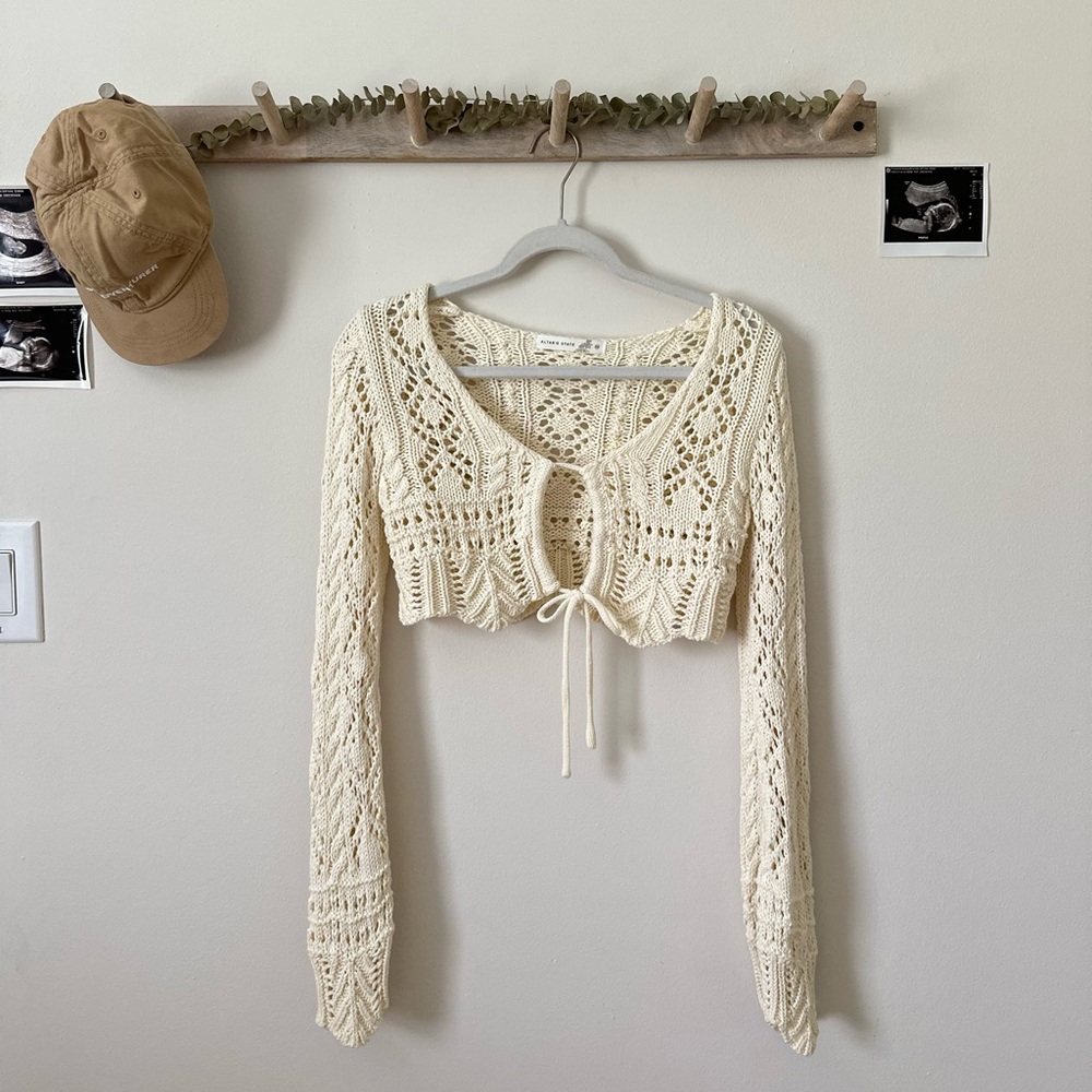 Altar’d State Boho Crochet Sweater Knit Top 100% Cotton Cream Size XS